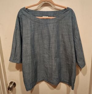 J. Jill Pure Boxy Wide Neck Blue Cotton Top Sz L Casual Resort Beach Vacation